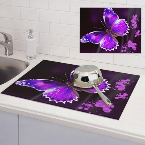 Abtropfmatte für die Küche, niedlicher violetter Schmetterling, Mikrofaser, saugfähig, Abtropfgestell-Pads für Küchentheke, 45,7 x 61 cm von RLDOBOFE