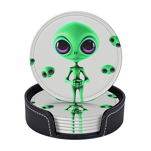 Green Alien Getränkeuntersetzer mit Halter, Leder-Untersetzer, Tischschutz, Tassenmatte für Bar, Dekoration, Tassenpolster für Couchtisch, Küche, Esszimmer, 6 Stück von RLDOBOFE