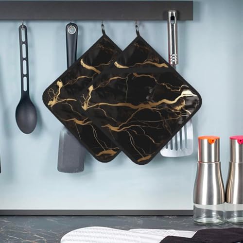 Hitzebeständiger Topflappen 2er Set Küche Topflappen für Mikrowelle Kochen Schwarz Gold Marmor Topflappen Ofen Hot Pads Waschbar Topflappen zum Backen Quadratischer Untersetzer mit Aufhängeschlaufen von RLDOBOFE