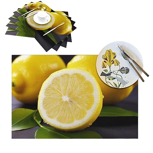 RLDOBOFE Tischsets 6 Stück Esstisch Platzsets Gelb Zitrone rutschfeste PVC Tischmatte Hitzebeständig Gewebt Platzset für Küche Waschbar Tisch Tischsets für Couchtisch Outdoor von RLDOBOFE