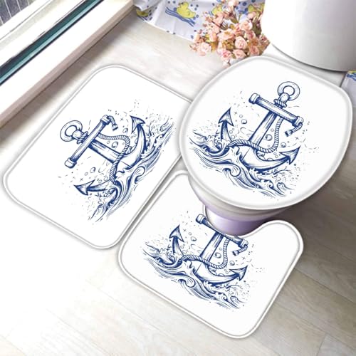 Anker Badematten Set 3 Teilig Ozean Wellen rutschfest Saugfähiger Badezimmerteppich U-förmiger Kontur Teppich, WC-Deckel Waschbar Duschvorleger Badaccessoires 40x60cm R33 von RLYXGS