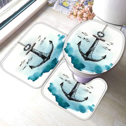Anker Badematten Set 3D Ozean Fisch rutschfest Absorbierend Flanell Badezimmerteppich 3-teiliges 50x80cm Waschbar Badteppich Saugfähige Badvorleger mit WC Deckelbezug R22 Anker Badematten Set 3D Ozean Fisch rutschfest Absorbierend Flanell Badezimmerteppich 3-teiliges 50x80cm Waschbar Badteppich Saugfähige Badvorleger mit WC Deckelbezug R22 von RLYXGS
