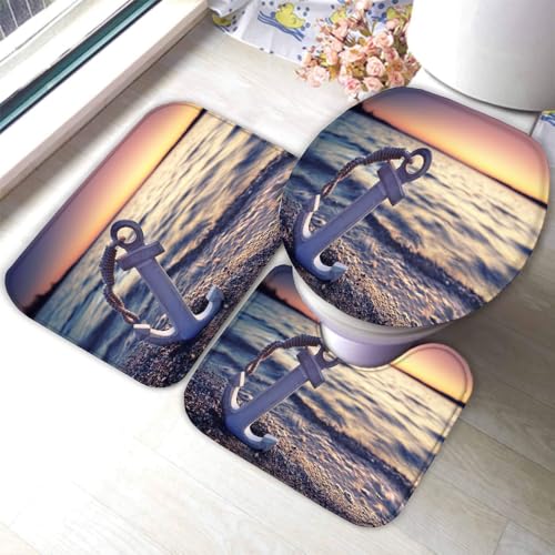 Badematten Set 3 Teilig Anker rutschfest Flanell Badezimmerteppich 40x60cm 3D Sonnenuntergang Meer U-förmiger Kontur Teppich und WC-Deckel Waschbar Badteppich Weich Saugfähige R16 von RLYXGS