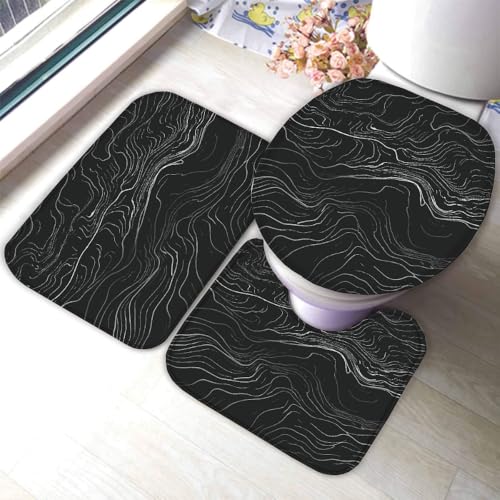 Marmor Badematten Set 3 Teilig Schwarz rutschfest Saugfähiger Badezimmerteppich U-förmiger Kontur Teppich, WC-Deckel Waschbar Duschvorleger Badaccessoires 40x60cm R36 von RLYXGS