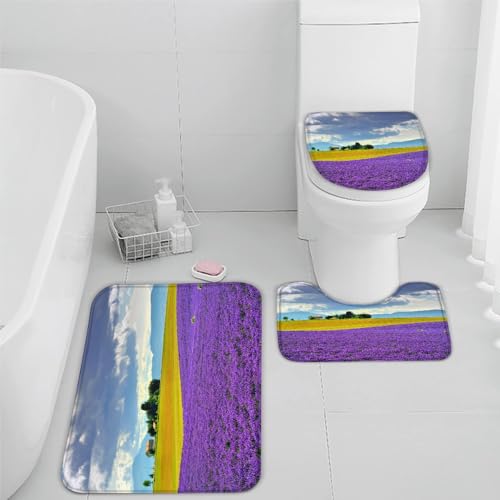 RLYXGS 3D Lavendel Badematten Set 3 Teilig Lila Land rutschfest Absorbierend Flanell Badezimmerteppich U-förmiger Kontur Teppich und WC-Deckel Waschbar Badteppich Weich Saugfähige,50x80cm von RLYXGS