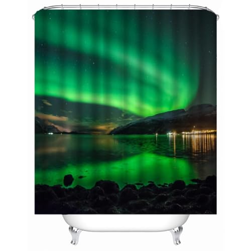RLYXGS Aurora Duschvorhang Anti-Schimmel 180x200 Anti-Bakteriell Stoff Polyester Badewanne Vorhang Wasserdicht Waschbar Shower Curtain mit 12 Haken Badezimmerzubehör Natürliche Landschaft Bad Vorhäng von RLYXGS