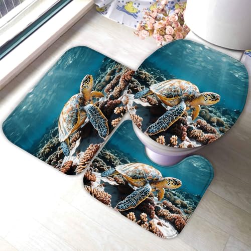 RLYXGS Badematten Set 3 Teilig Meeresschildkröten rutschfest Flanell Badezimmerteppich 40x60cm 3D Ozean Tiere U-förmiger Kontur Teppich und WC-Deckel Waschbar Badteppich Weich Saugfähige R8 von RLYXGS