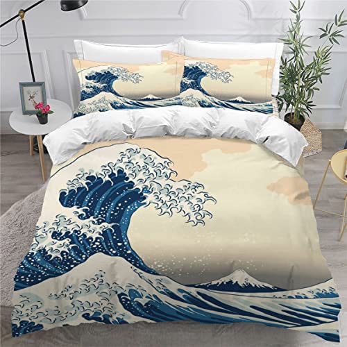 RLYXGS Berg Fuji Bettbezug Set Kanagawa-Brandung Bedrucktes Bettwäsche Set 220x240cm Hypoallergen Atmungsaktive Polyester Betten Set mit versteckter Reißverschluss 3-teiliges Set + 2 Kissenbezug von RLYXGS