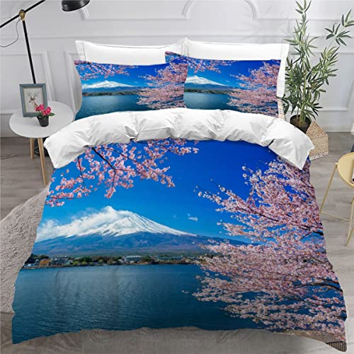 RLYXGS Berg Fuji Bettwäsche 135x200cm 3D Drucken Kirschbaum Bettbezug Set für Jungen Mädchen Teens Kinderbettwäsche Mikrofaser Weiche Luxus Bettwaren Raumdekor 3-teiliges +2 Kissenbezug 80x80 von RLYXGS