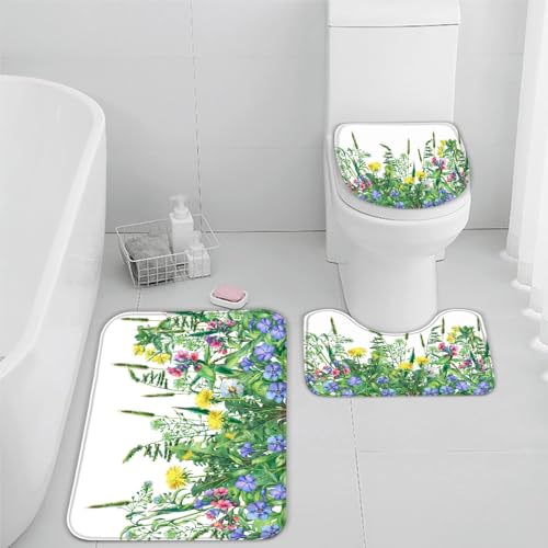 RLYXGS Blumen Pflanzen Badematten Set 3 Teilig Natürlich Grün rutschfest Saugfähige Badezimmerteppich Memory Foam Badvorleger 40x60cm Waschbar U-förmiger Kontur Teppich und WC-Deckel für Badewanne von RLYXGS