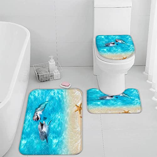 RLYXGS Delfin Badematten Set 3D Wasserlebewesen rutschfest Absorbierend Flanell Badezimmerteppich 3-teiliges 50x80cm Waschbar Badteppich Weich Saugfähige Badvorleger mit WC Deckelbezug von RLYXGS