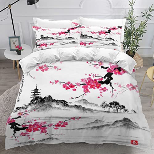 RLYXGS Japan Bettbezug Set KirschblüTen Bedrucktes Bettwäsche Set 220x240cm Hypoallergen Atmungsaktive Polyester Betten Set mit versteckter Reißverschluss 3-teiliges Set + 2 Kissenbezug von RLYXGS