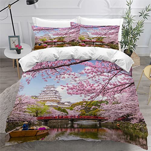 RLYXGS Japan Bettwäsche 200x200cm 3D Drucken KirschblüTen Bettbezug Set für Jungen Mädchen Teens Kinderbettwäsche Mikrofaser Weiche Luxus Bettwaren Raumdekor 3-teiliges +2 Kissenbezug 80x80 von RLYXGS