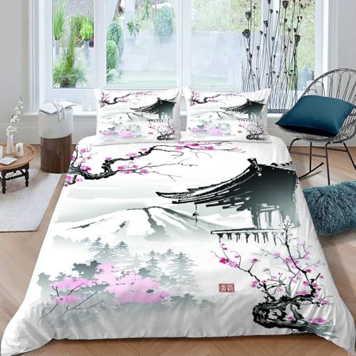 RLYXGS Japan Kirschblüten Bettwäsche Set 135x200cm Teenager Mädchen Japanischer Stil 3D Mikrofaser Bettbezug mit Reißverschluss und 2 Kissenbezüge 80x80cm für Jungen Kinder Bettbezüge 3teilig D78 von RLYXGS
