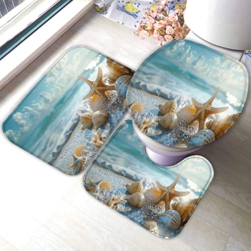 RLYXGS Muscheln Seesterne Badematten Set 3D Ozean rutschfest Absorbierend Flanell Badezimmerteppich 3-teiliges 50x80cm Waschbar Badteppich Saugfähige Badvorleger mit WC Deckelbezug R7 RLYXGS Muscheln Seesterne Badematten Set 3D Ozean rutschfest Absorbierend Flanell Badezimmerteppich 3-teiliges 50x80cm Waschbar Badteppich Saugfähige Badvorleger mit WC Deckelbezug R7 von RLYXGS