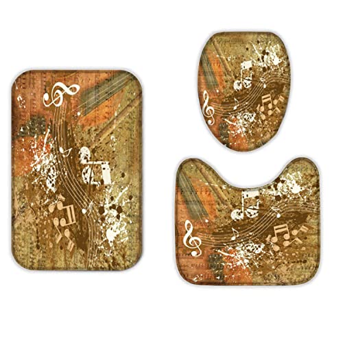 RLYXGS Musik Badezimmermatten und Teppiche 3-Teiligs Set Musik Note Flanell Memory Foam rutschfeste Matten und Badteppich,Retro Toilettendeckelabdeckung,Badvorleger Badgarnitur WC Vorleger von RLYXGS