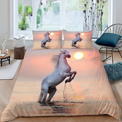 RLYXGS Pferd Bettwäsche Set 135x200cm Teenager Mädchen Tiere Sonnenuntergang 3D Weich Mikrofaser Bettbezug mit Reißverschluss und 2 Kissenbezüge 80x80cm für Jungen Kinder Bettbezüge 3teilig von RLYXGS