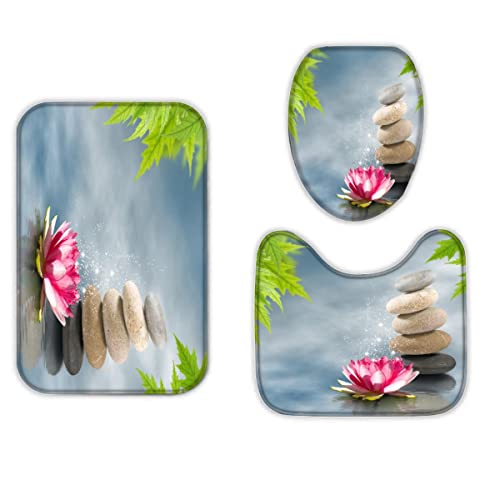 RLYXGS Stein Badezimmermatten und Teppiche 3-Teiligs Set Lotus Flanell Memory Foam rutschfeste Matten und Badteppich,Chinesischer Stil Toilettendeckelabdeckung,Badvorleger Badgarnitur WC Vorleger von RLYXGS