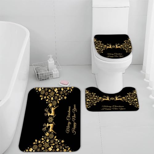 RLYXGS Weihnachten Badematten Set 3 Teilig Hirsch Gold Schwarz rutschfest Saugfähige Badezimmerteppich Memory Foam Badvorleger 40x60cm Waschbar U-förmiger Kontur Teppich und WC-Deckel für Badewanne von RLYXGS