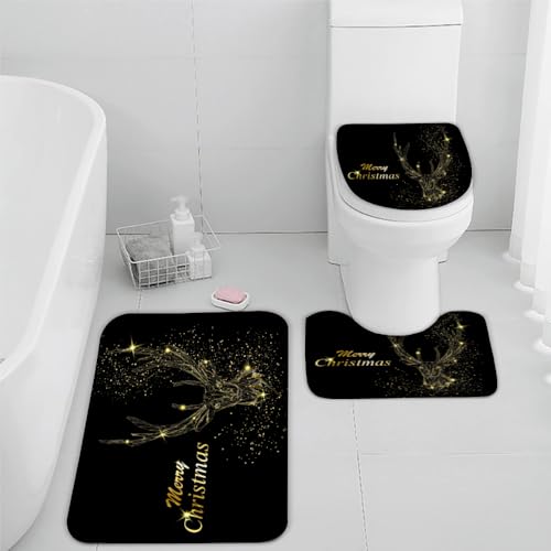 RLYXGS Weihnachten Badematten Set 3D Hirsch Golden rutschfest Absorbierend Flanell Badezimmerteppich 3-teiliges 50x80cm Waschbar Badteppich Weich Saugfähige Badvorleger mit WC Deckelbezug von RLYXGS