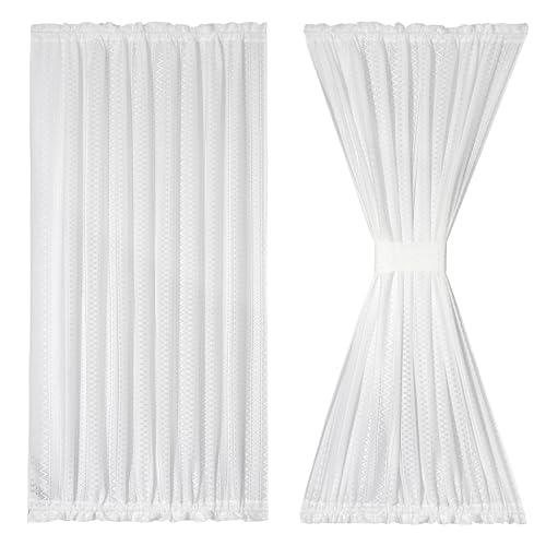RLoncomix Weiße Spitze Französisch Tür Vorhang Boho Geometrisch Gestrickt Strukturiert Voile Vorhänge 183 cm lang halbtransparent Türverkleidung für Glastür Terrasse Haustür Raffhalter inklusive, von RLoncomix