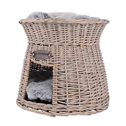 UNUS Katzenkörbchen als Katzenturm aus Rattan in Grau mit weichem Kissen von UNUS