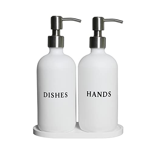 RM Home Weißes Glas Hand- und Spülseifenspender-Set – Modernes Bauernhaus-Waschbecken-Zubehör – Flüssigseifenspender – 473 ml Küchenspüle Seifenspender-Set mit Tablett, Edelstahlpumpen und Trichter RM Home Weißes Glas Hand- und Spülseifenspender-Set – Modernes Bauernhaus-Waschbecken-Zubehör – Flüssigseifenspender – 473 ml Küchenspüle Seifenspender-Set mit Tablett, Edelstahlpumpen und Trichter von RM Home
