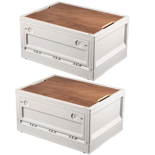 RMAN 2er Set Campingbox 38L Aufbewahrungsbox mit Deckel Picknickkorb Ordnungsboxen mit 4 Rollen Kofferraum Organize Campingschrank Faltbar für Reisen im Freien, Camping, Familie - Cremeweiß von RMAN