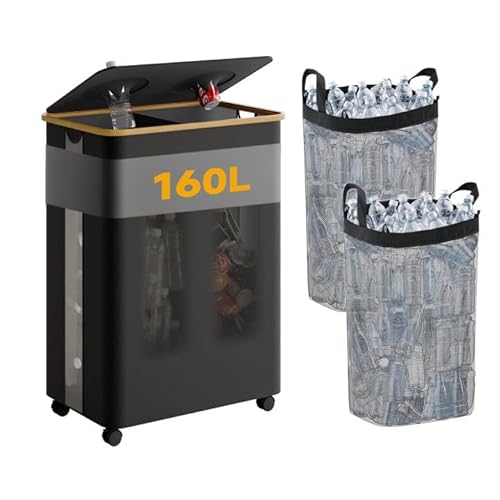 RMAN 160L Pfandflaschen Sammelbehälter 2 Fächer mit Deckel Groß Pfandflaschen Behälter mit Räder Flip Top Flaschensammler für Leergut für Küche Abstellraum (Schwarz) von RMAN