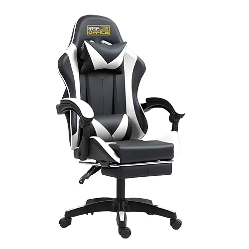 RMF Professioneller ergonomischer Gaming-Stuhl mit Liegefunktion, Bequemer und Entspannender Gaming-Sitz mit Fußstütze - Gaming-Stuhl mit drehbaren Rollen, Höhenverstellbar (Weiß/Schwarz) von RMF PRO