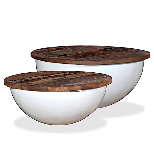RMIHSJG 2-TLG. Couchtisch-Set Altholz Massiv Weiß Schalenform Side Table Beistelltisch Outdoor Coffee Table Kleiner Tisch für Wohnzimmer Outdoor Schlafzimmer Büro von RMIHSJG