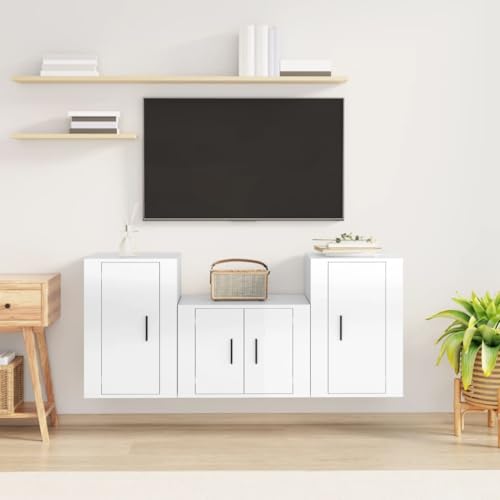 RMIHSJG 3-TLG. TV-Schrank-Set Hochglanz-Weiß Holzwerkstoff Fernseher Schrank Fernsehtisch tv Regal Sideboard hängend von RMIHSJG