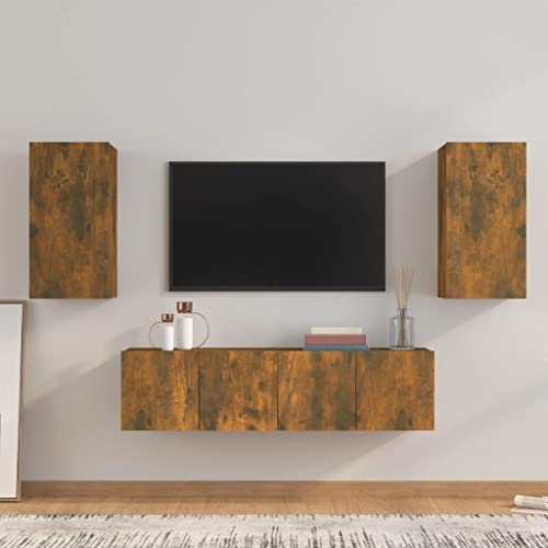 RMIHSJG 4-TLG. TV-Schrank-Set Räuchereiche Holzwerkstoff Fernsehschrank Konsolentisch mit Schubladen Sideboard hängend tv möbel von RMIHSJG