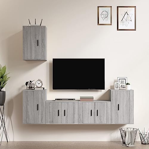 RMIHSJG 5-TLG. TV-Schrank-Set Grau Sonoma Holzwerkstoff tv Bank Konsolentisch mit Schubladen hängeschrank tv Cabinet von RMIHSJG