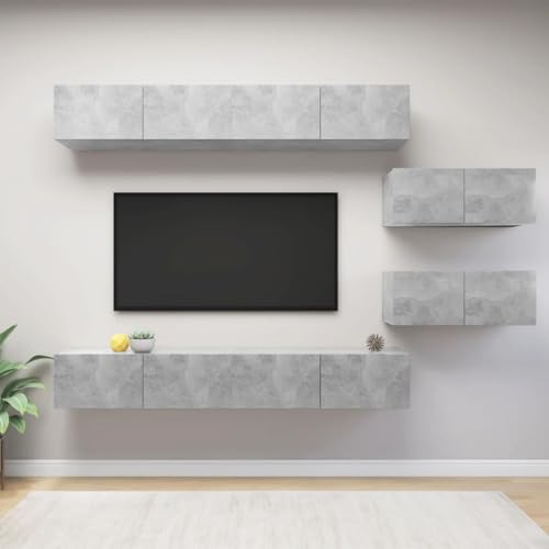 RMIHSJG 6-TLG. TV-Schrank-Set Betongrau Holzwerkstoff tv kommode Fernsehschrank Fernseher Tisch Sideboard hängend von RMIHSJG