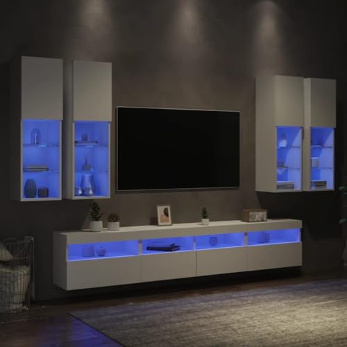 RMIHSJG 7-TLG. TV-Wohnwand mit LED-Leuchten Weiß Fernseher Tisch tv Board lowboard tv Regal von RMIHSJG