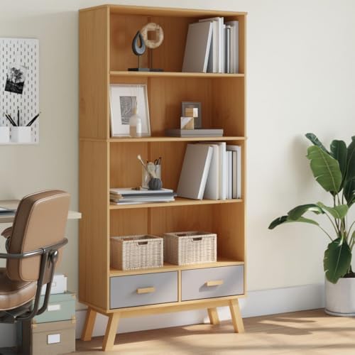 RMIHSJG Bücherregal Olden 4 Fächer Grau und Braun Massivholz Kiefer Kleines Küchenregal Bücherschrank Cd Regal Kleines Bücherregal für Wohnbereich Büro Küche Arbeitszimmer von RMIHSJG