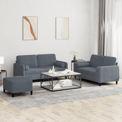 RMIHSJG Samt Sofagarnitur 3-teilig mit Hocker, Bequemes Velours Sofa Set für Wohnzimmer, Weiches Polster Sofa mit Stabilen Metallgestell, Sitzbank Couch Garnitur Grau von RMIHSJG