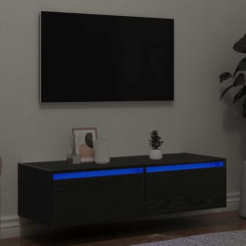 RMIHSJG TV-Schrank mit LED-Leuchten Schwarz Eichen-Optik lowboard Konsolentisch mit Schubladen Fernseher kommode Fernsehschrank 100x35,5x25 cm von RMIHSJG