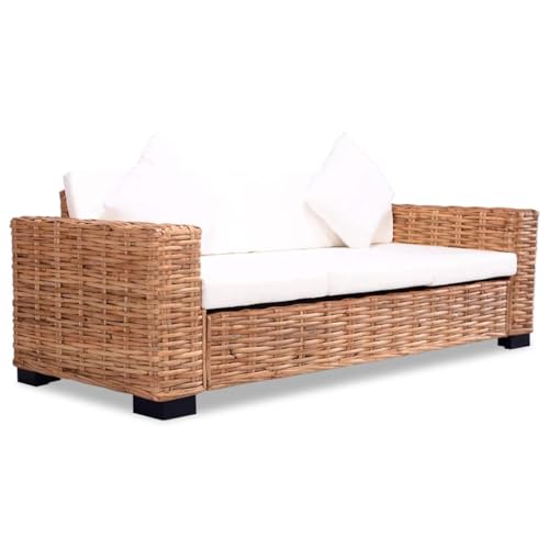 Rattansofa 3-Sitzer mit Polstern und Kissen, Stabiles Rattanmöbel für Garten und Wohnzimmer, Bequemes Sofa mit Waschbaren Bezügen und Breiten Armlehnen von RMIHSJG