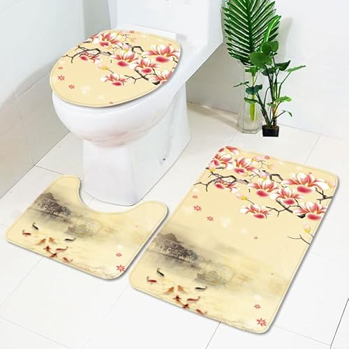 Badezimmermatte Beige Blume Koi rutschfeste Badmatte Waschbar Bath Mat Bad Vorleger Memory Schaum Badezimmerteppich U förmige WC Teppich Badteppich Set 45x75 cm von RMJCXYS
