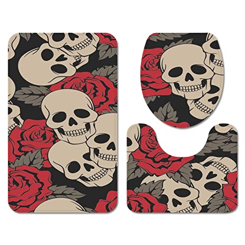 Badezimmermatte Beige Schädelblume rutschfeste Badmatte Waschbar Bath Mat Bad Vorleger Memory Schaum Badezimmerteppich U förmige WC Teppich Badteppich Set 45x75 cm von RMJCXYS