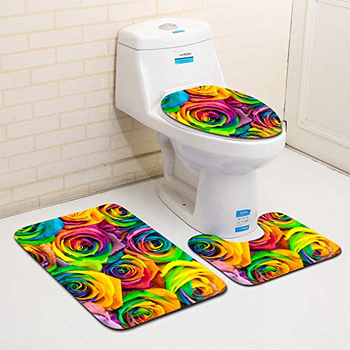 Badezimmermatte Blau Gelb Blumen rutschfeste Badmatte Waschbar Bath Mat Bad Vorleger Memory Schaum Badezimmerteppich U förmige WC Teppich Badteppich Set 50x80 cm von RMJCXYS