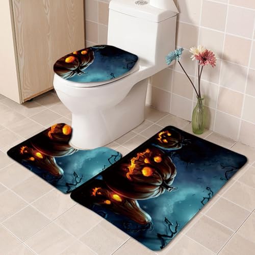 Badezimmermatte Blau Orange Kürbis rutschfeste Badmatte Waschbar Bath Mat Bad Vorleger Memory Schaum Badezimmerteppich U förmige WC Teppich Badteppich Set 50x80 cm von RMJCXYS