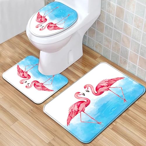 Badezimmermatte Blau Rosa Flamingo rutschfeste Badmatte Waschbar Bath Mat Bad Vorleger Memory Schaum Badezimmerteppich U förmige WC Teppich Badteppich Set 50x80 cm von RMJCXYS