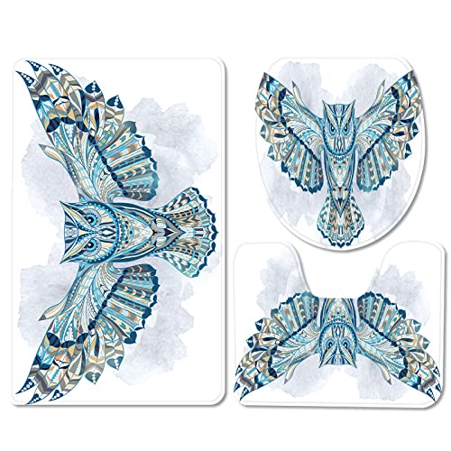 Badezimmermatte Blaue Eule rutschfeste Badmatte Waschbar Bath Mat Bad Vorleger Memory Schaum Badezimmerteppich U förmige WC Teppich Badteppich Set 50x80 cm von RMJCXYS