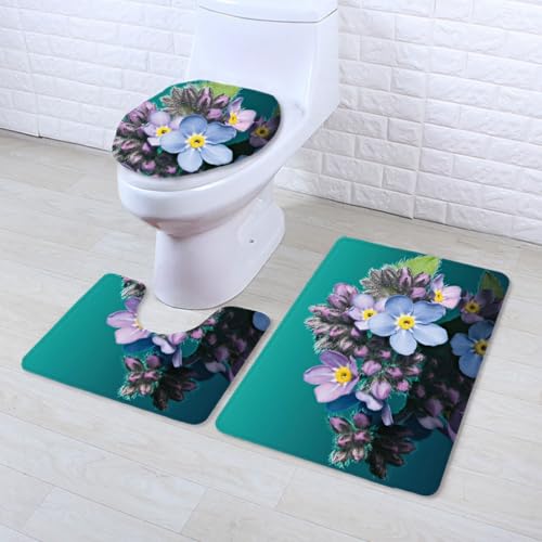 Badezimmermatte Blaue Grüne Blumen rutschfeste Badmatte Waschbar Bath Mat Bad Vorleger Memory Schaum Badezimmerteppich U förmige WC Teppich Badteppich Set 50x80 cm von RMJCXYS