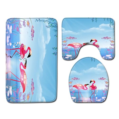 Badezimmermatte Blaue Lila Blume rutschfeste Badmatte Waschbar Bath Mat Bad Vorleger Memory Schaum Badezimmerteppich U förmige WC Teppich Badteppich Set 50x80 cm von RMJCXYS