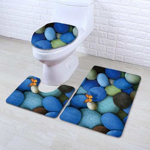 Badezimmermatte Blauer Stein Schmetterling rutschfeste Badmatte Waschbar Bath Mat Bad Vorleger Memory Schaum Badezimmerteppich U förmige WC Teppich Badteppich Set 50x80 cm von RMJCXYS