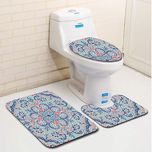 Badezimmermatte Bohemian Blue Blumen rutschfeste Badmatte Waschbar Bath Mat Bad Vorleger Memory Schaum Badezimmerteppich U förmige WC Teppich Badteppich Set 50x80 cm von RMJCXYS